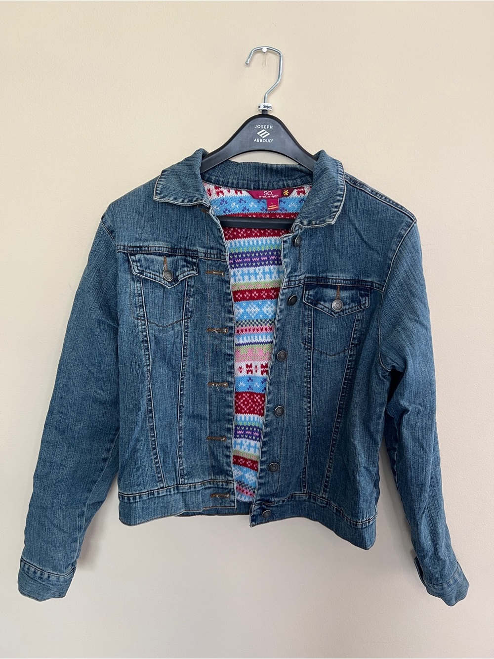 SO denim jacket with multicolor Fair Isle knit lining (blue, red, purple, white)
